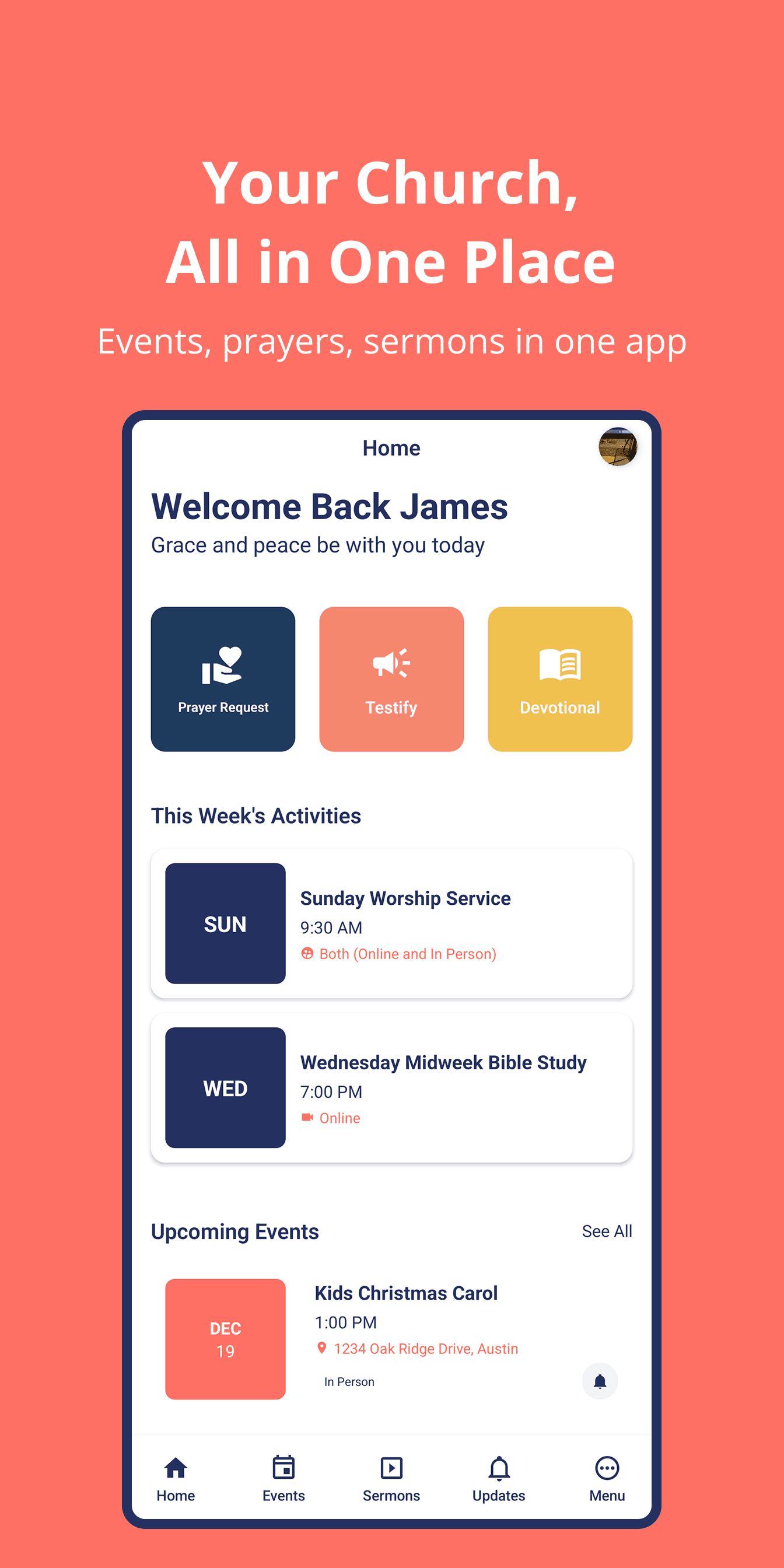 The Churchease mobile app home screen